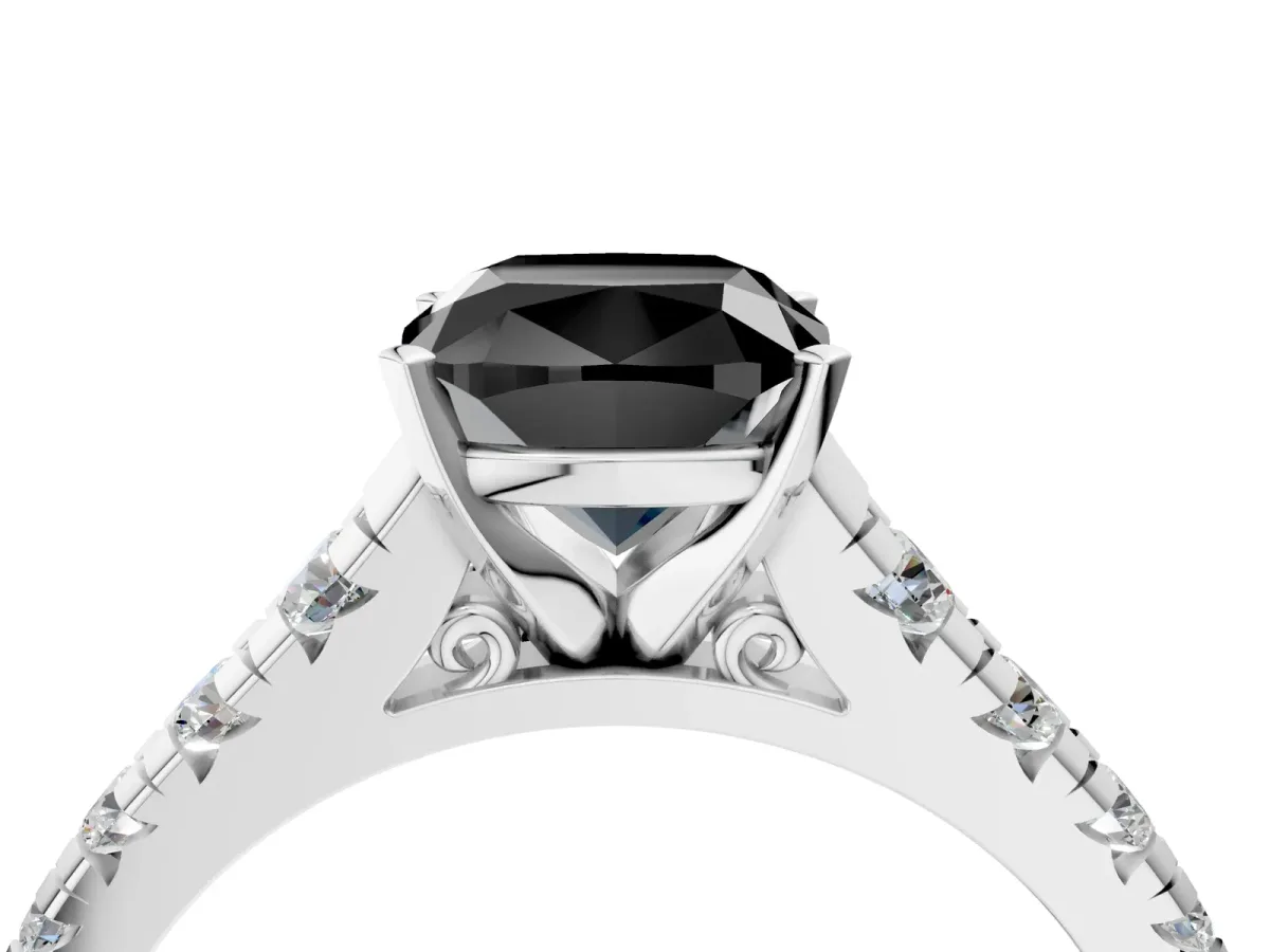 Fancy Black Cushion Cut Diamond Cathedral Solitaire Ring with Round Pavé Band Silver