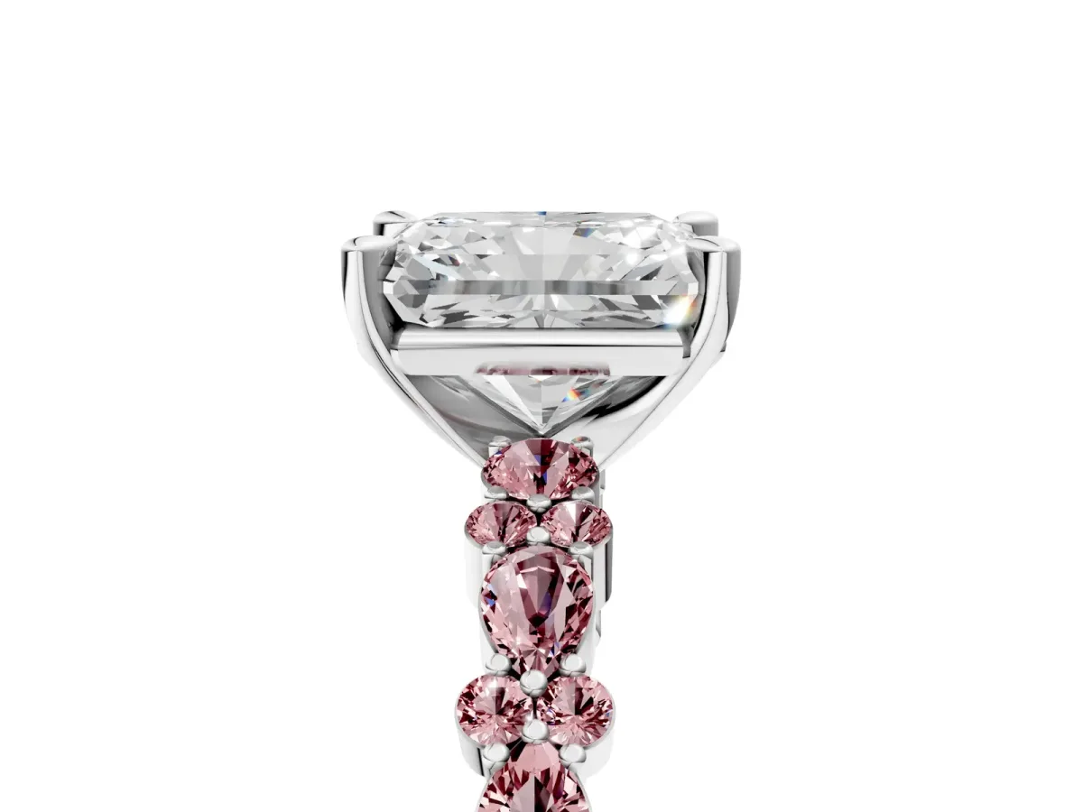 Radiant Cut Diamond Side Stone Solitaire Ring with Round Morganite and Four-Prong Setting Platinum