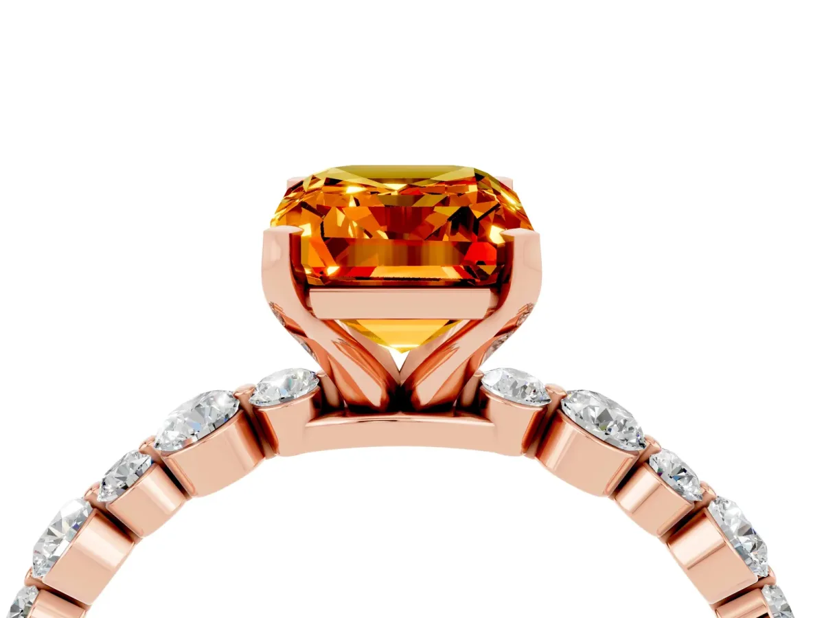 Emerald Cut Citrine Prong Set Engagement Ring with Pavé Band Rose gold
