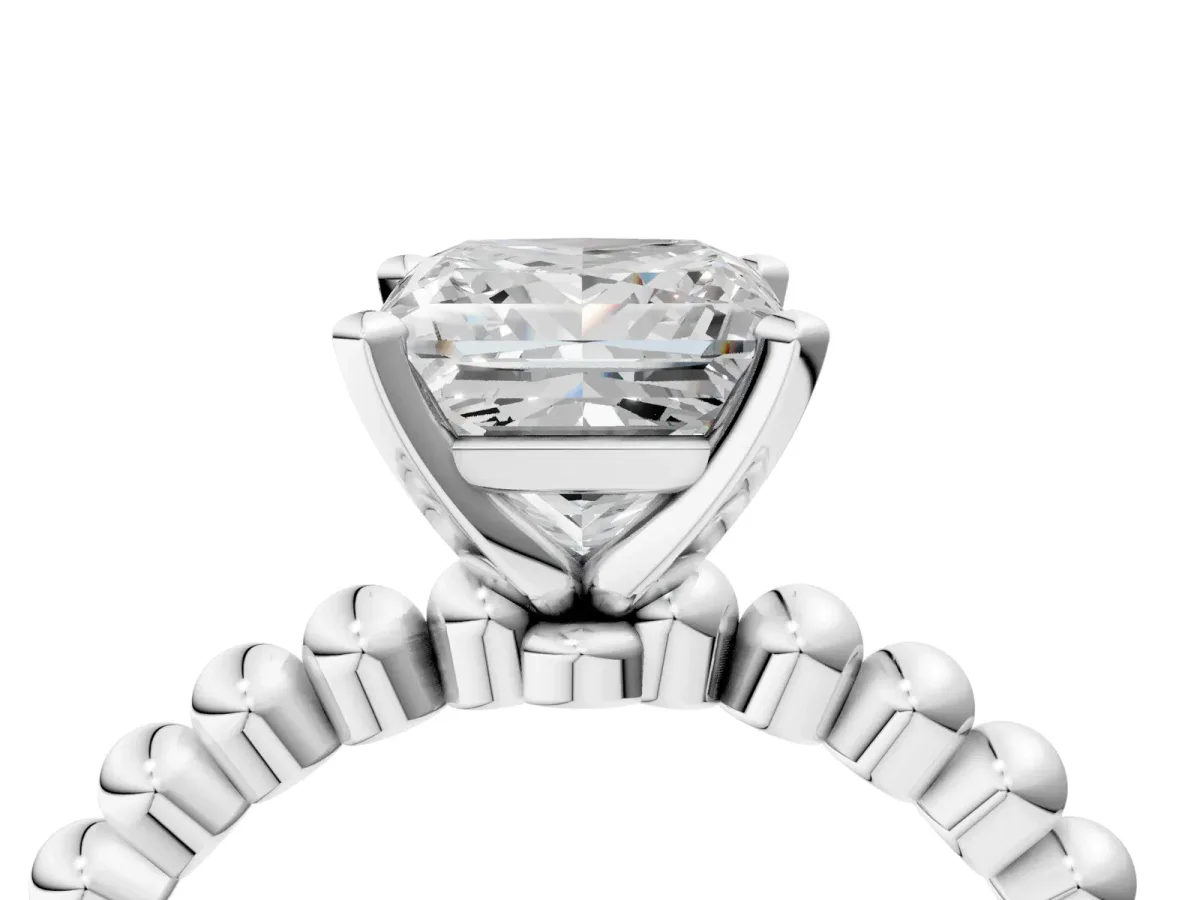 Princess Cut Diamond Solitaire Ring with Beaded Band and Prong Setting White gold