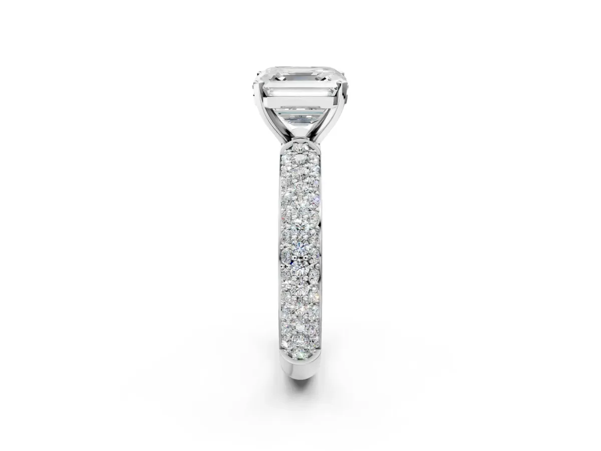 Asscher Cut Diamond Solitaire Ring with Prong Setting and Pavé Band Platinum