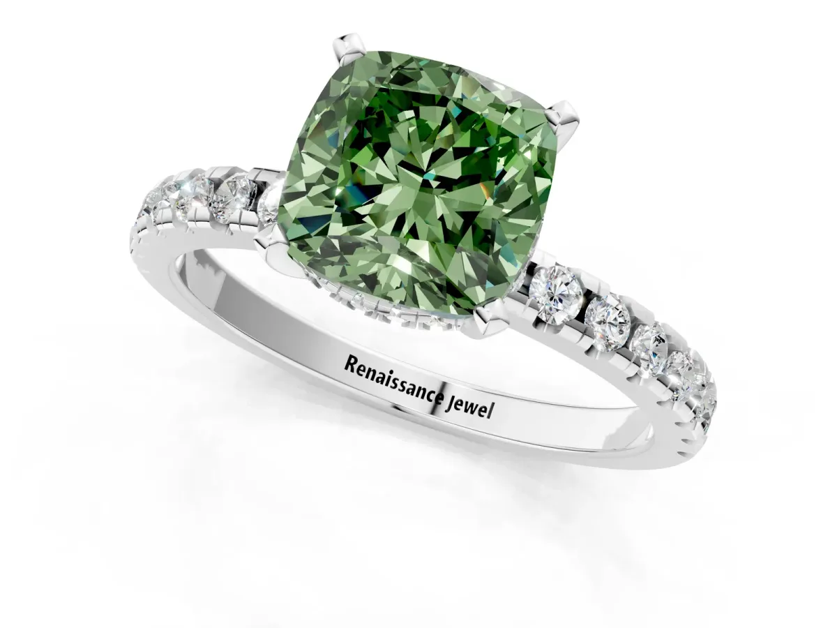 Fancy Green Cushion Cut Diamond Solitaire Ring with Round Pavé Band and Four-Prong Setting Silver