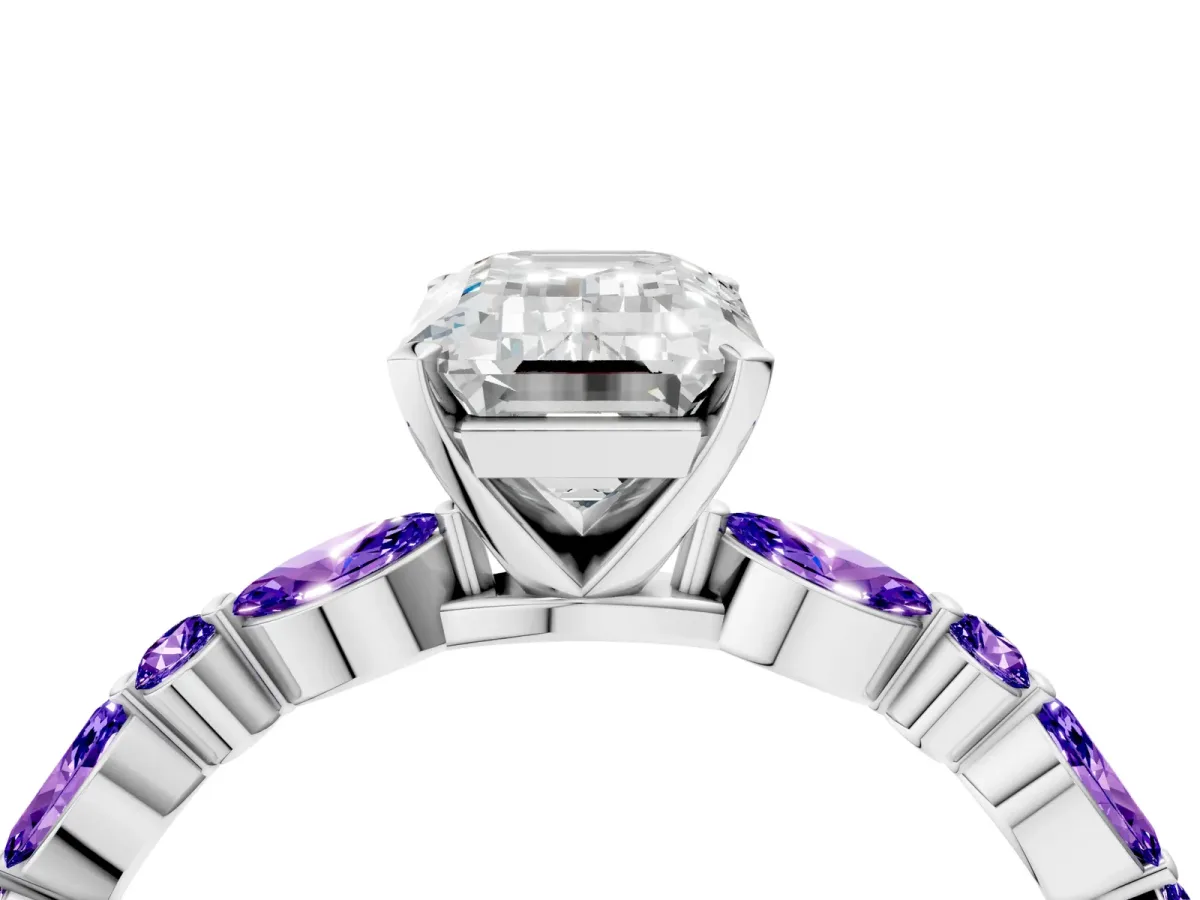 Emerald Cut Diamond Ring with Marquise and Round Tanzanite Side Stones and Four-Prong Setting Silver