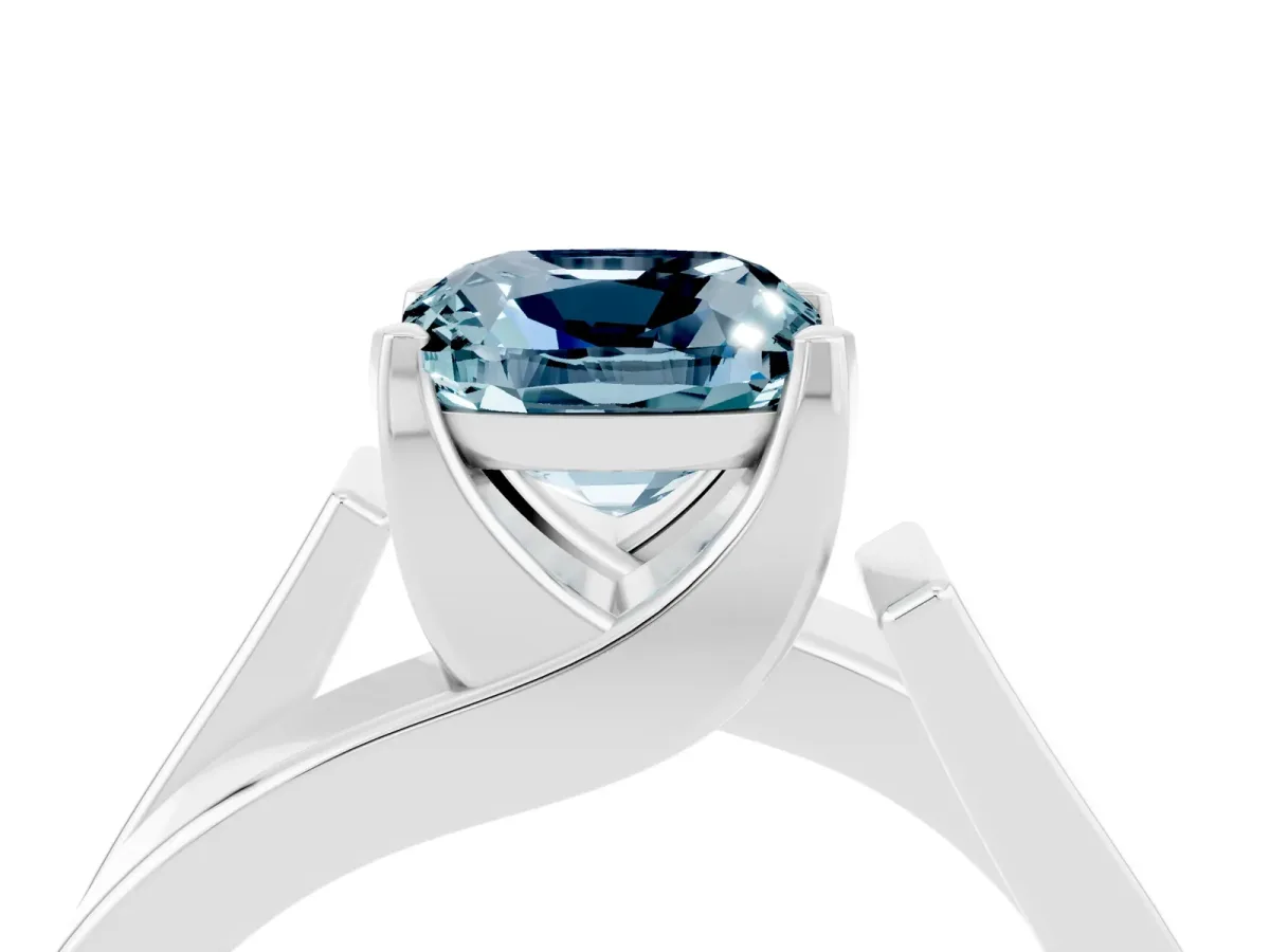 Modern Tension Set Cushion Cut Aquamarine Solitaire Wide Band Ring Silver