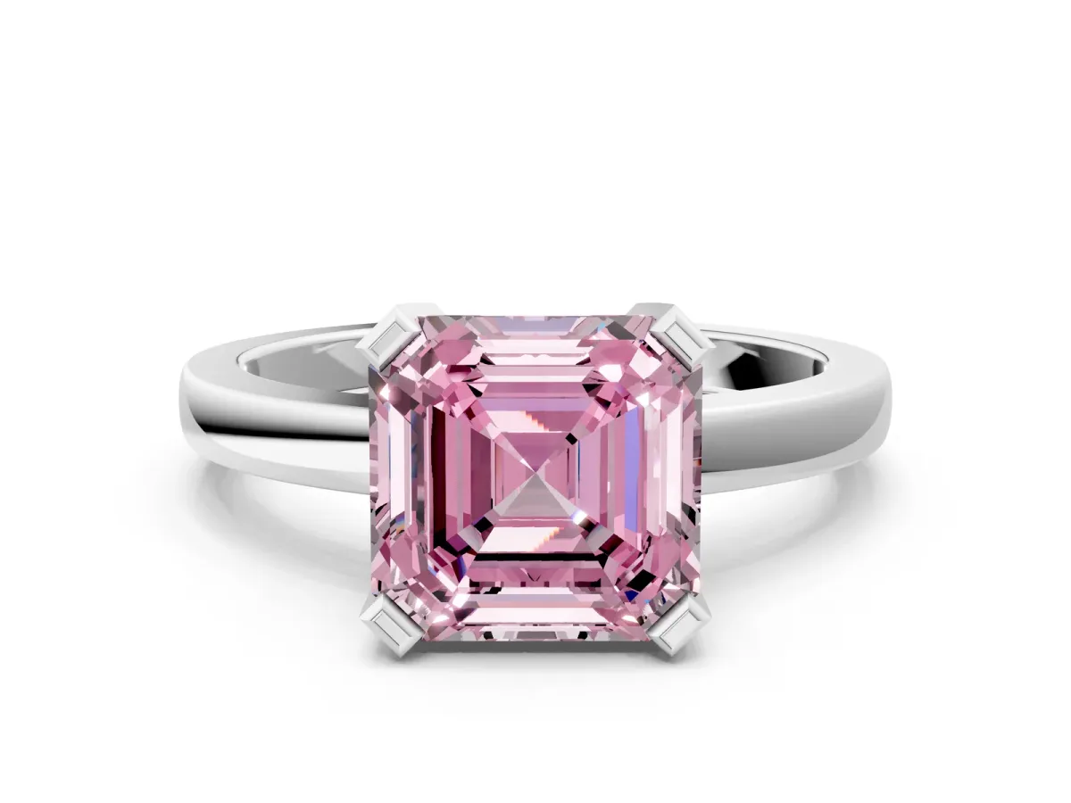 Fancy Pink Asscher Cut Cut Solitaire Ring with Four-Prong Setting and Classic Band Platinum
