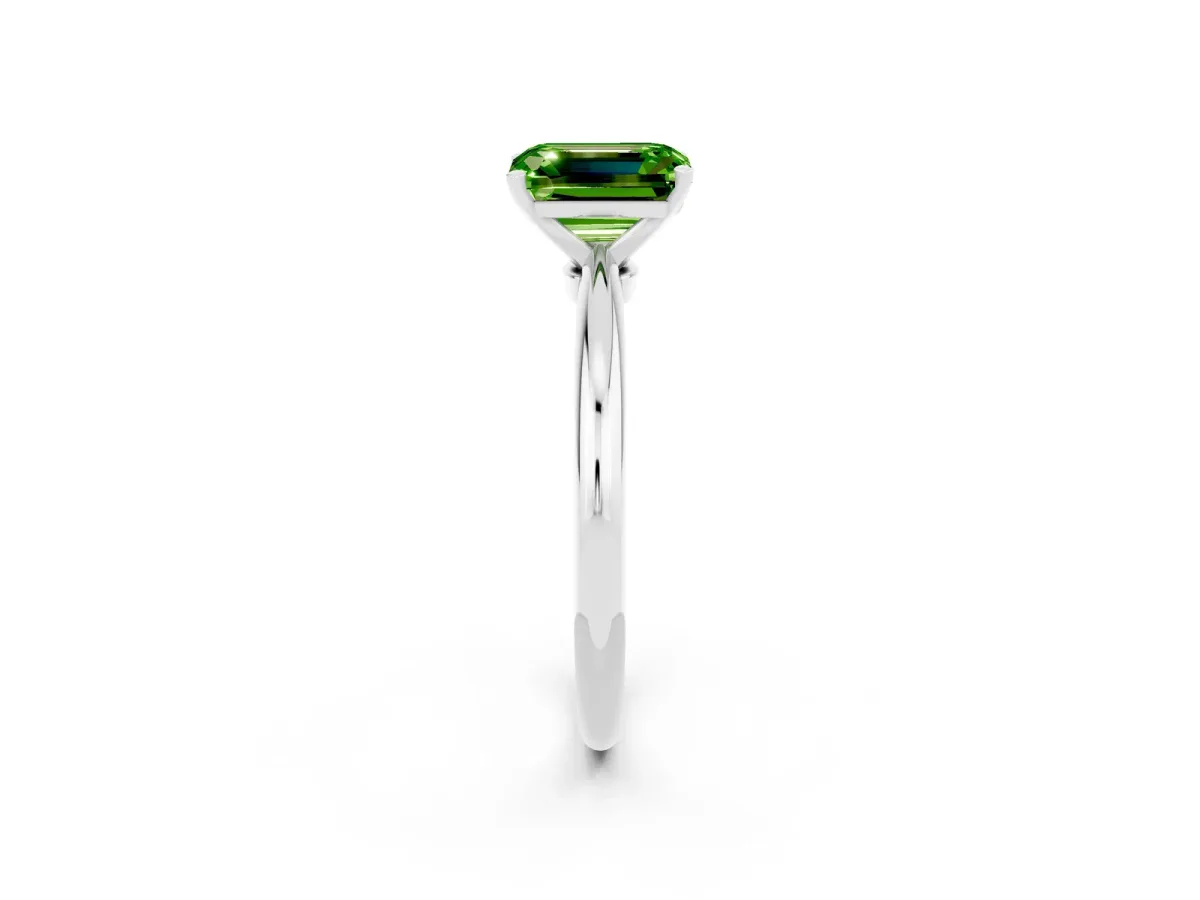 Emerald Cut Peridot Solitaire Ring with Six-Prong Setting and Classic Band Platinum