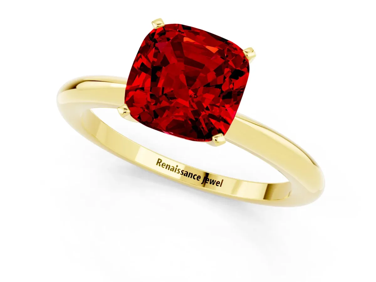 Cushion Cut Ruby Solitaire Ring with Six-Prong Setting and Classic Band Yellow gold