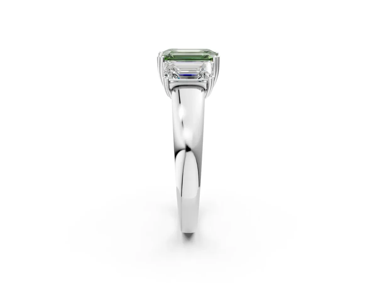 Fancy Green Three-Stone Emerald Cut Cut Diamond Ring with Channel Set Band and Four-Prong Setting Platinum