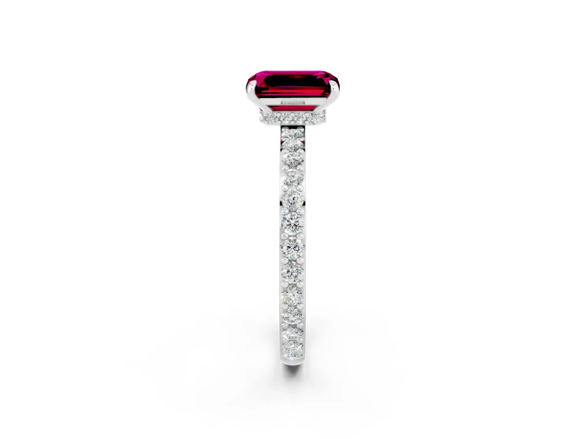 Emerald Cut Garnet Solitaire Engagement Ring with Pavé Band and Four-Prong Setting Silver