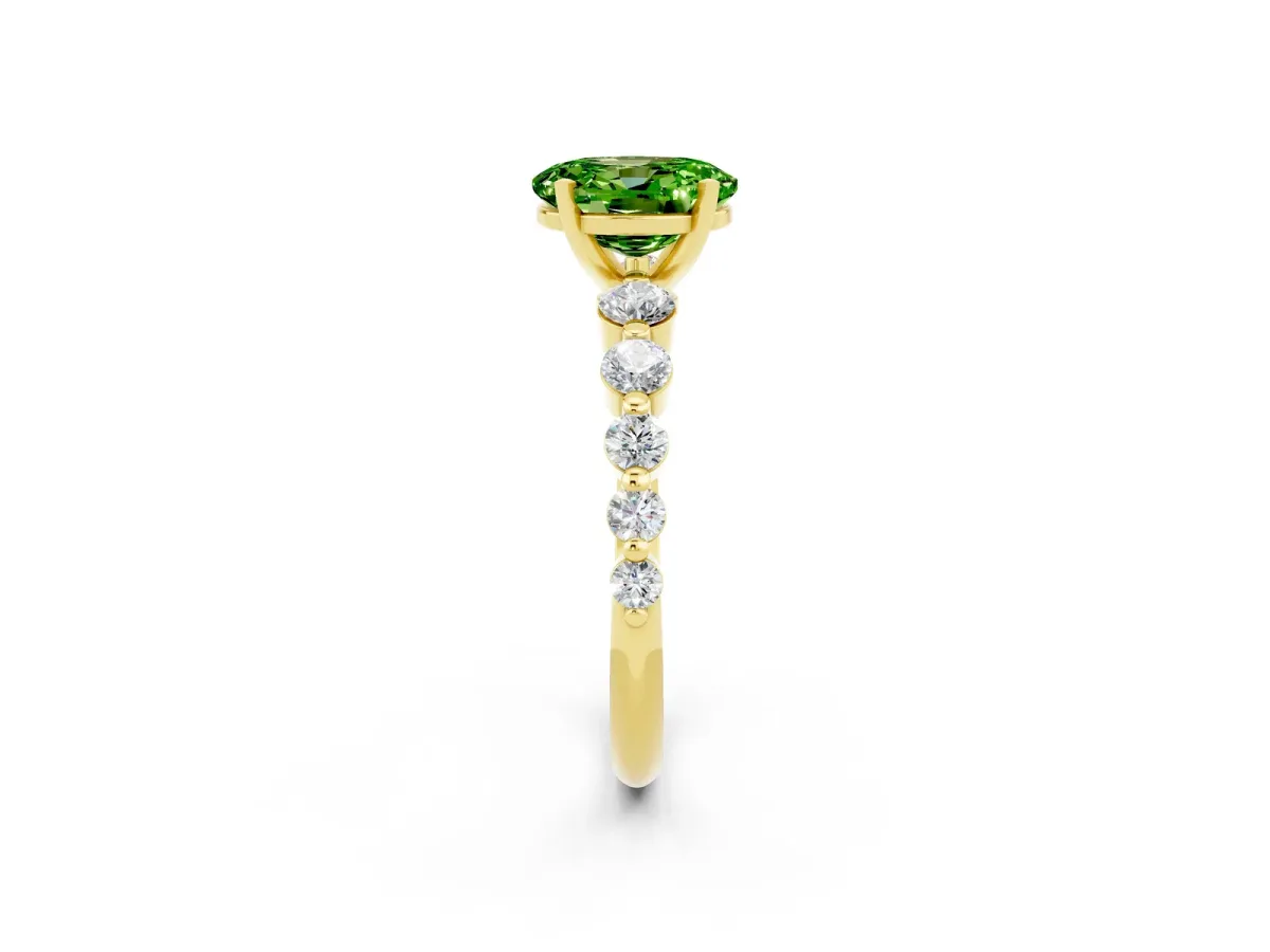 Oval Cut Solitaire Peridot Ring with Pave Band and Four-Prong Setting Yellow gold