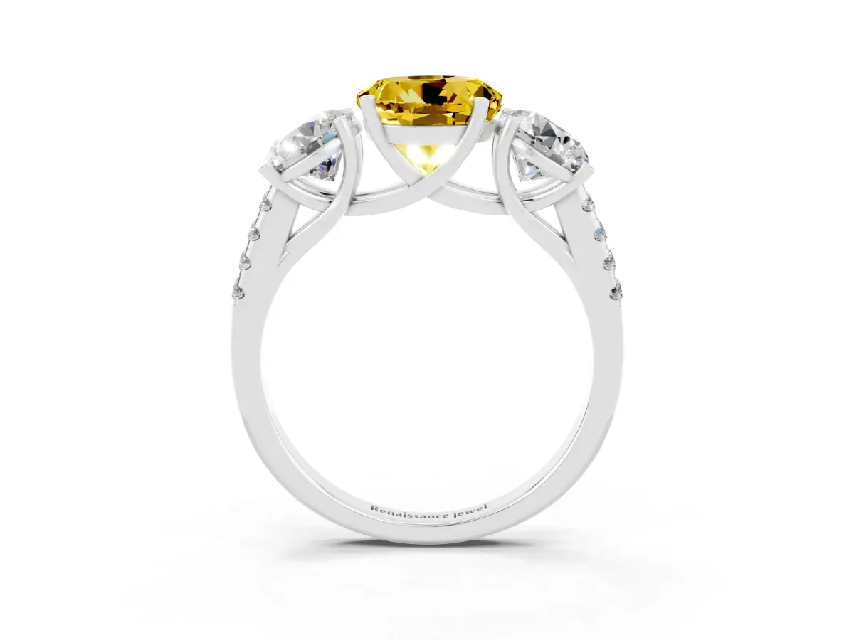Three-Stone Round Cut Yellow Sapphire Ring with Round Pavé Band and Prong Setting Silver