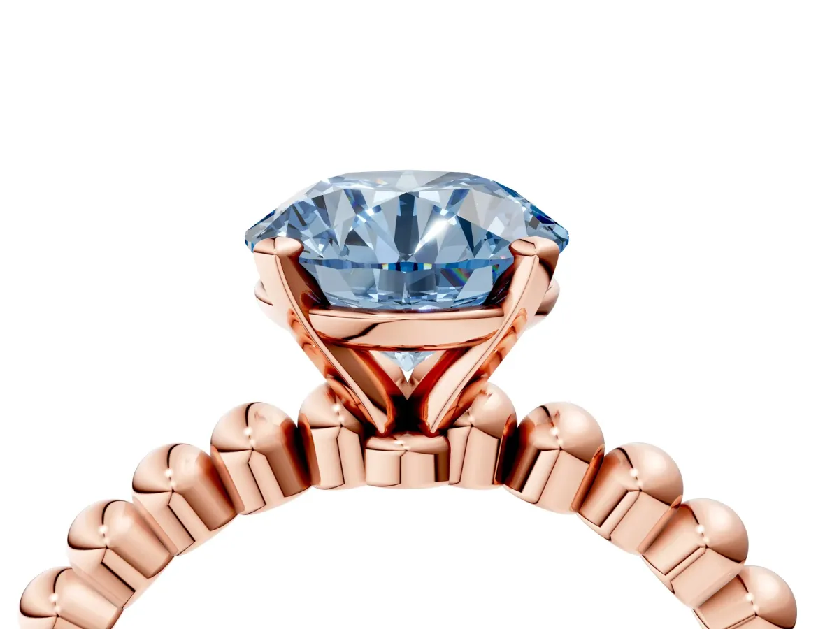 Fancy Blue Round Cut Diamond Solitaire Ring with Beaded Band and Prong Setting Rose gold