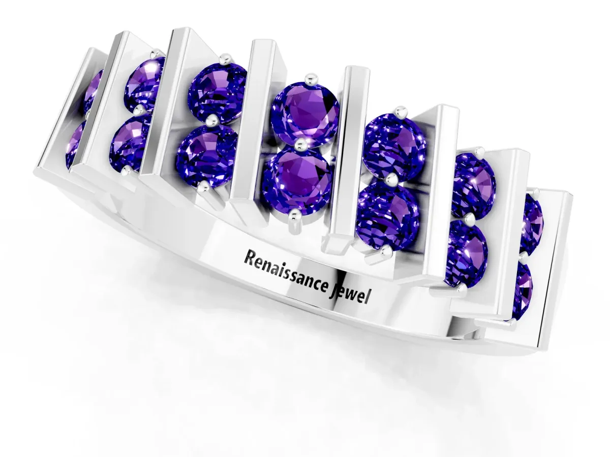 Channel Set Round Tanzanite Anniversary Band with Vertical Prongs Silver