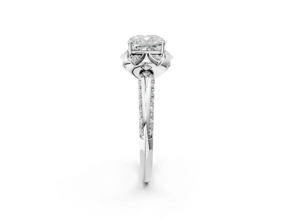 Cushion Cut Halo Split Shank Pave Diamond Ring with Petal Prong Setting White gold