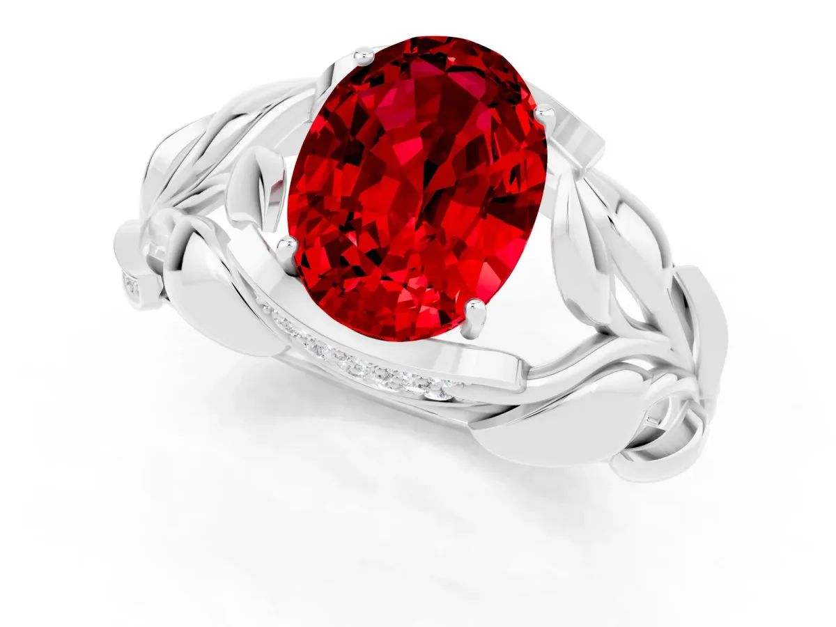 Oval Cut Ruby Leaf-Inspired Engagement Ring with Round Accents and Prong Setting White gold