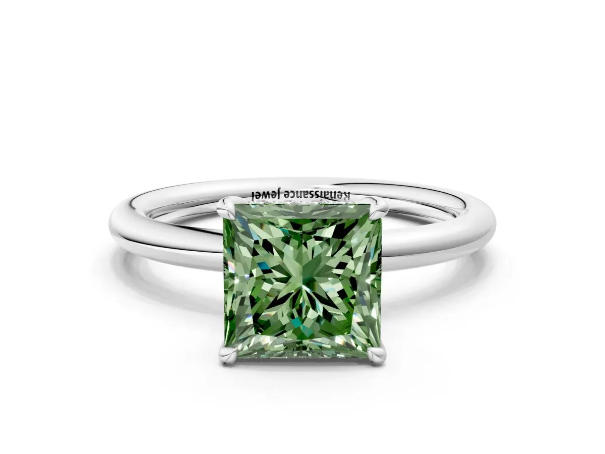 Fancy Green Princess Cut Diamond Solitaire Ring with Thin Band and Four-Prong Setting White gold