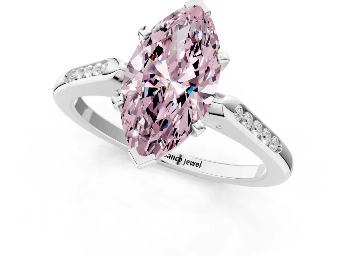 Fancy Pink Marquise Cut Diamond Solitaire Ring with Channel Set Round Band and Prong Setting Silver