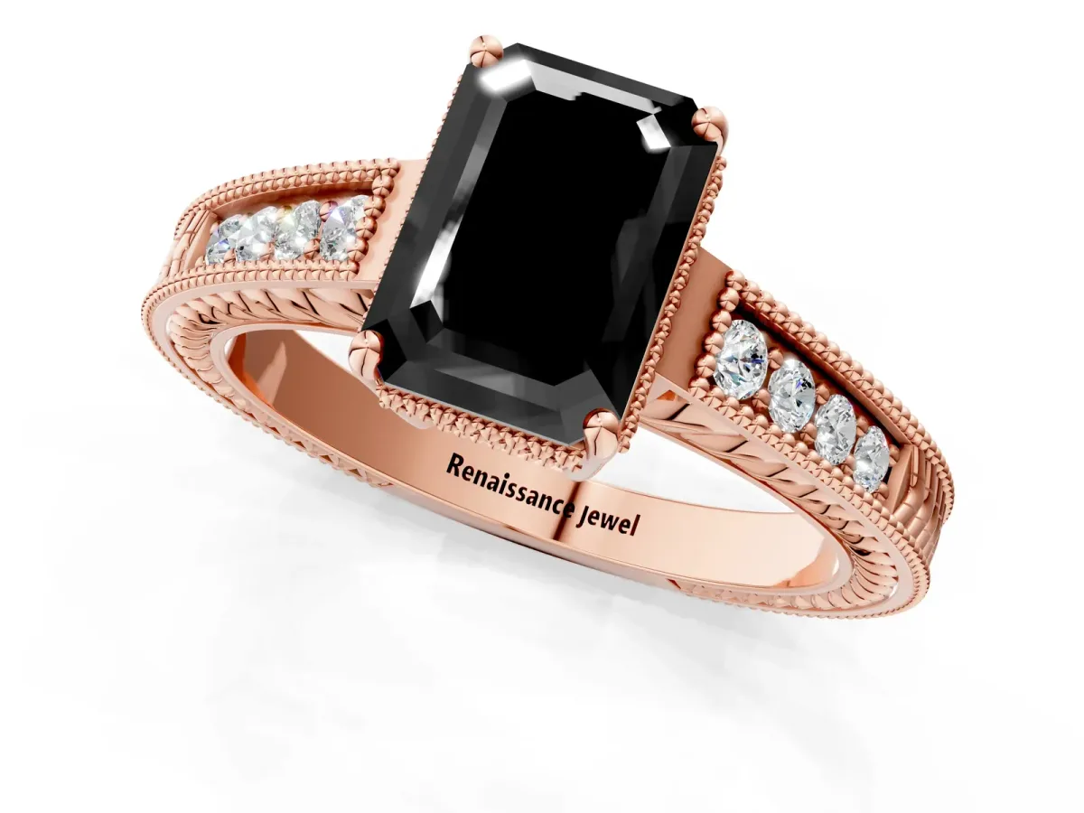 Fancy Black Emerald Cut Cut Diamond Milgrain Pave Band Four-Prong Setting Ring Rose gold