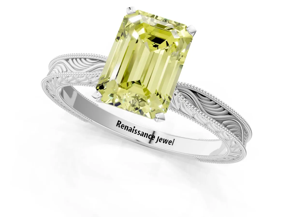 Fancy Yellow Emerald Cut Solitaire Milgrain Engraved Band with Four-Prong Setting White gold