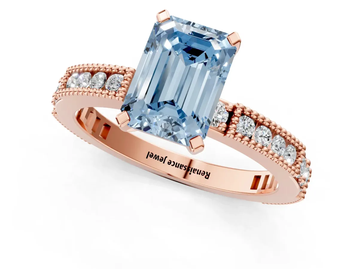 Fancy Blue Emerald Cut Solitaire with Pavé Band and Four-Prong Setting Rose gold