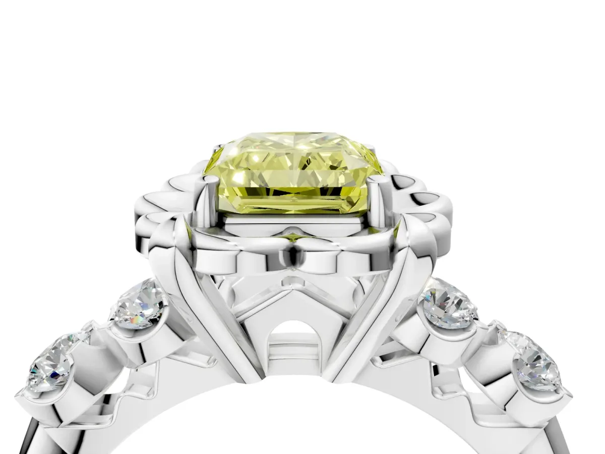Fancy Yellow Radiant Cut Cut Diamond Floral Halo Engagement Ring with Shared Prong Setting Silver