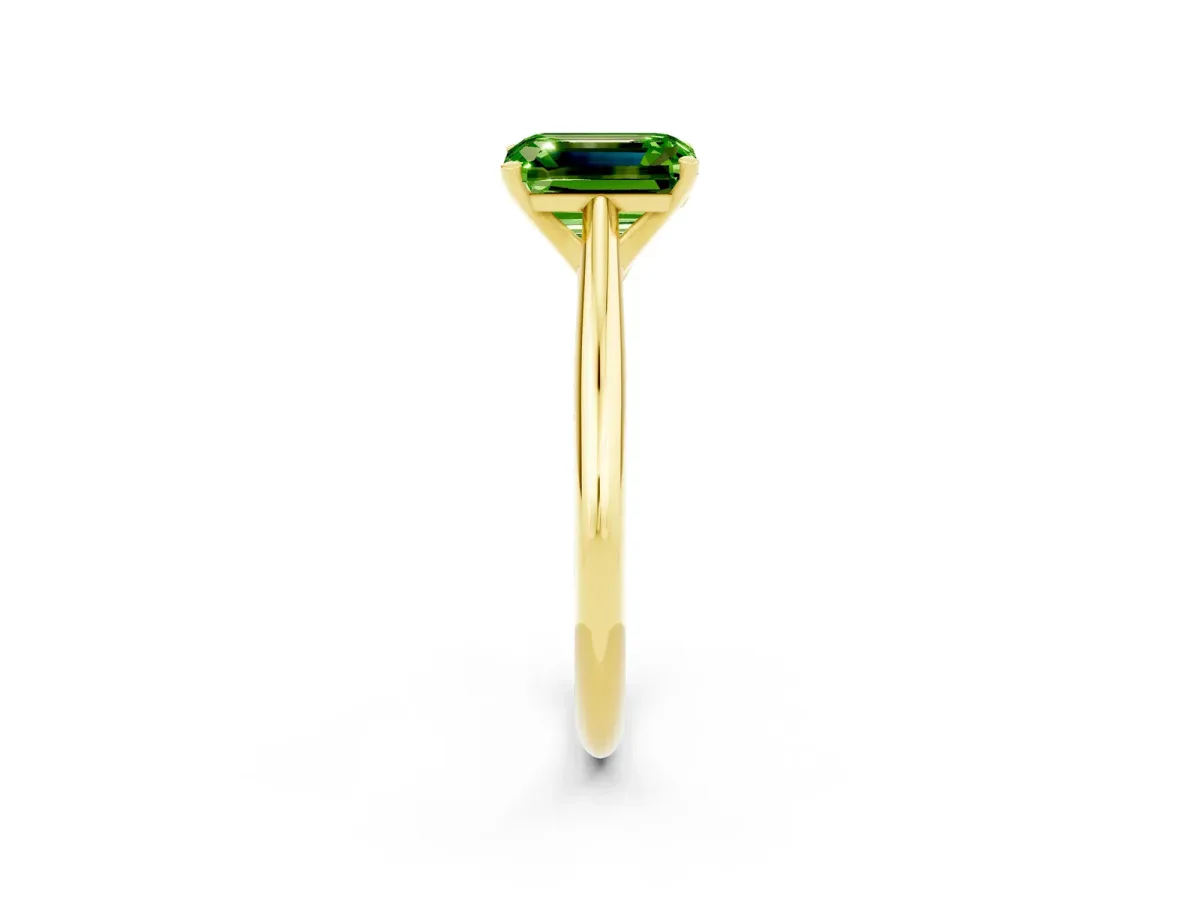 Emerald Cut Peridot Solitaire Engagement Ring with Cathedral Setting and Four-Prong Mount Yellow gold