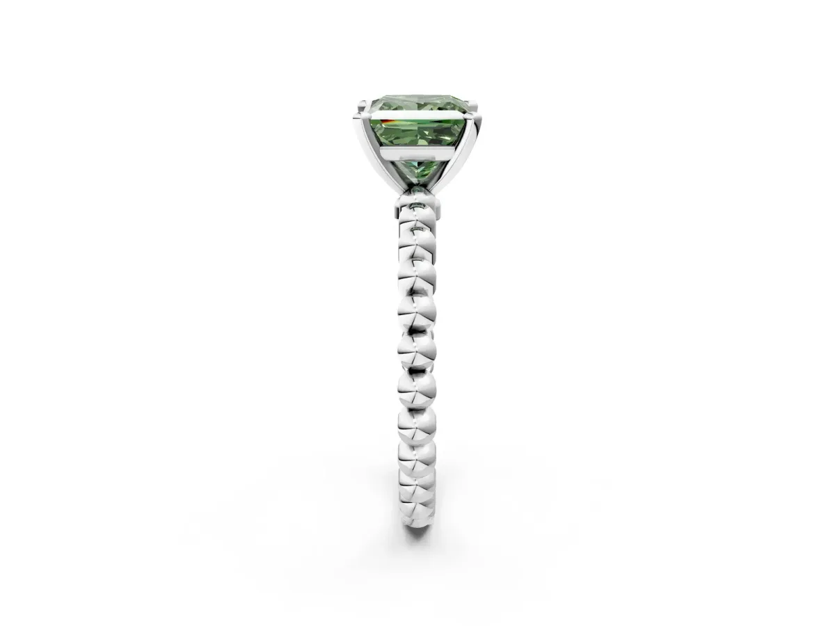 Fancy Green Princess Cut Diamond Solitaire Ring with Beaded Band and Prong Setting Silver