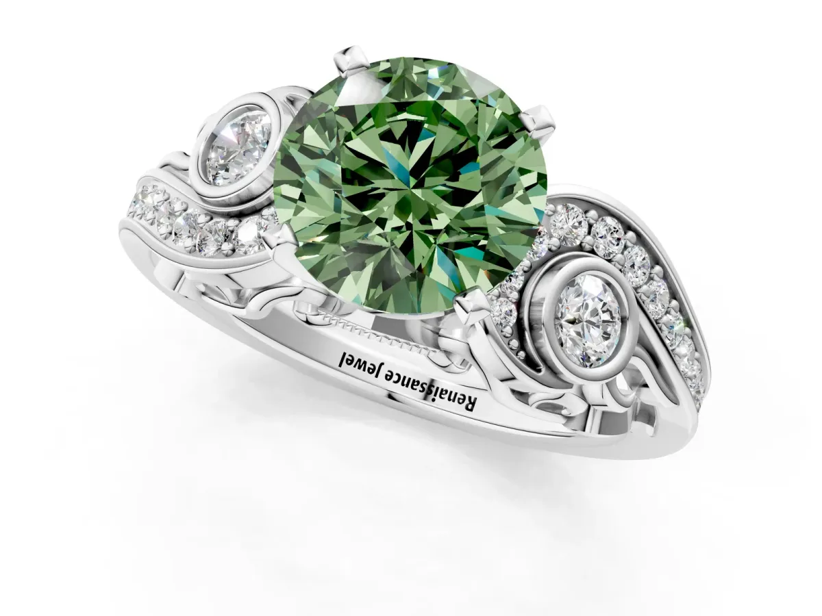 Fancy Green Round Cut Diamond Solitaire Ring with Milgrain Pavé Band and Four-Prong Setting Silver