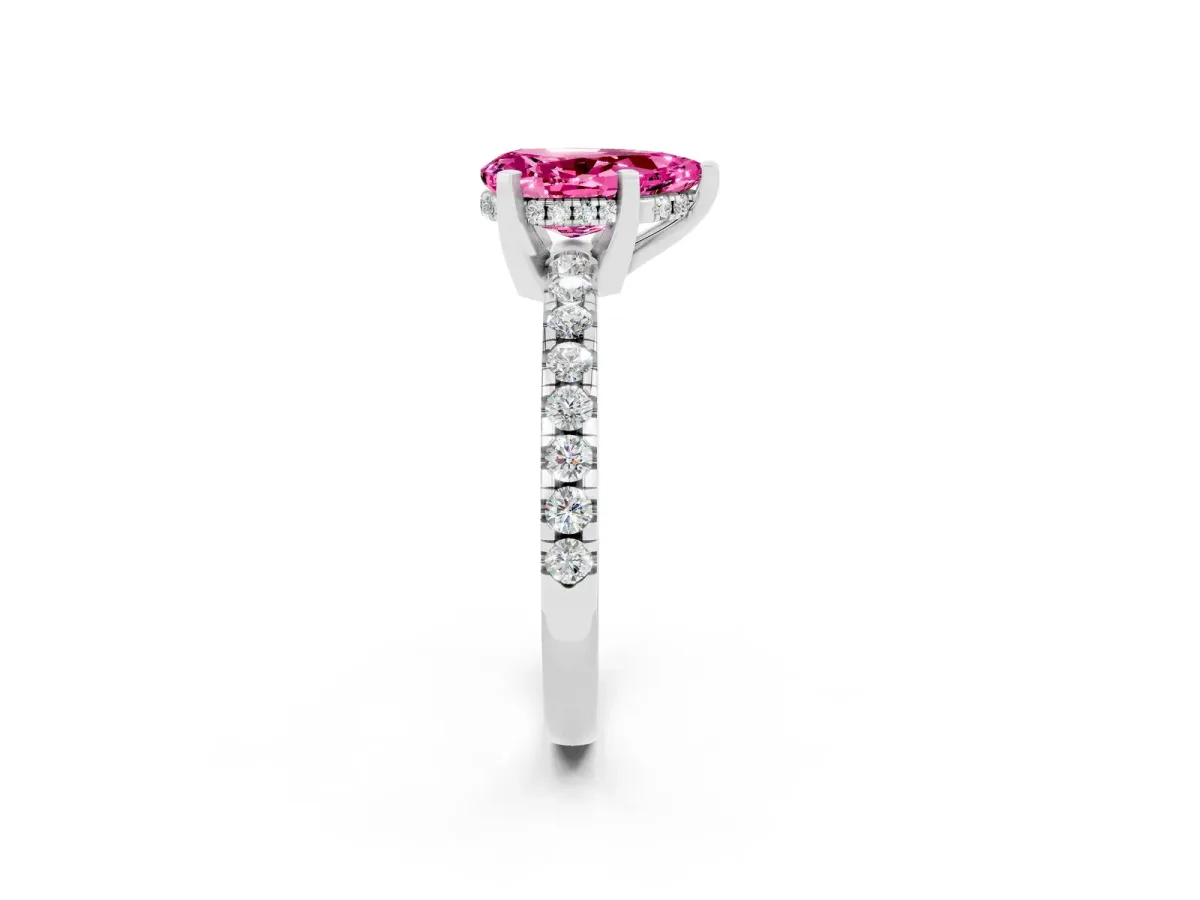 Pear Cut Pink Sapphire Solitaire Ring with Round Pavé Band and Four-Prong Setting Silver
