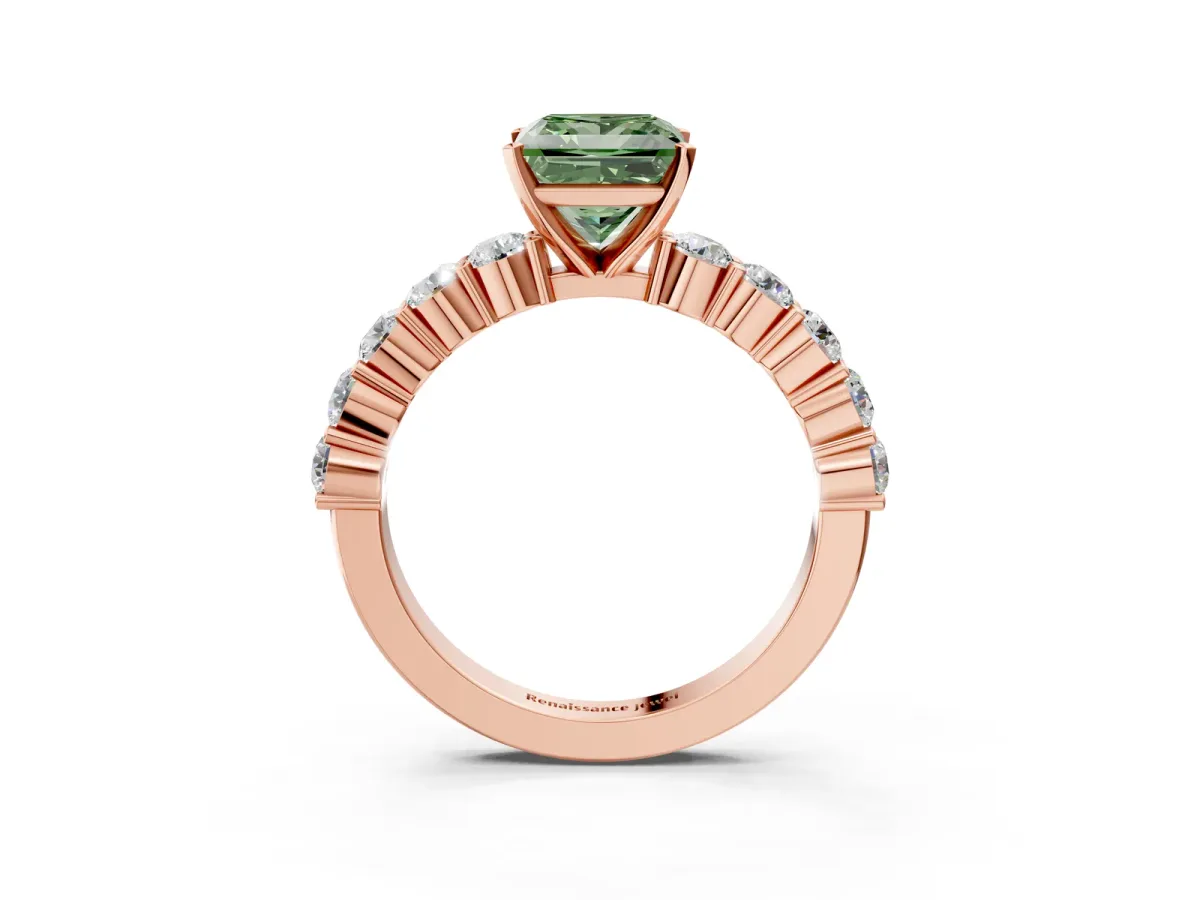 Fancy Green Princess Cut Diamond Solitaire Ring with Shared Prong Round Side Stones Rose gold