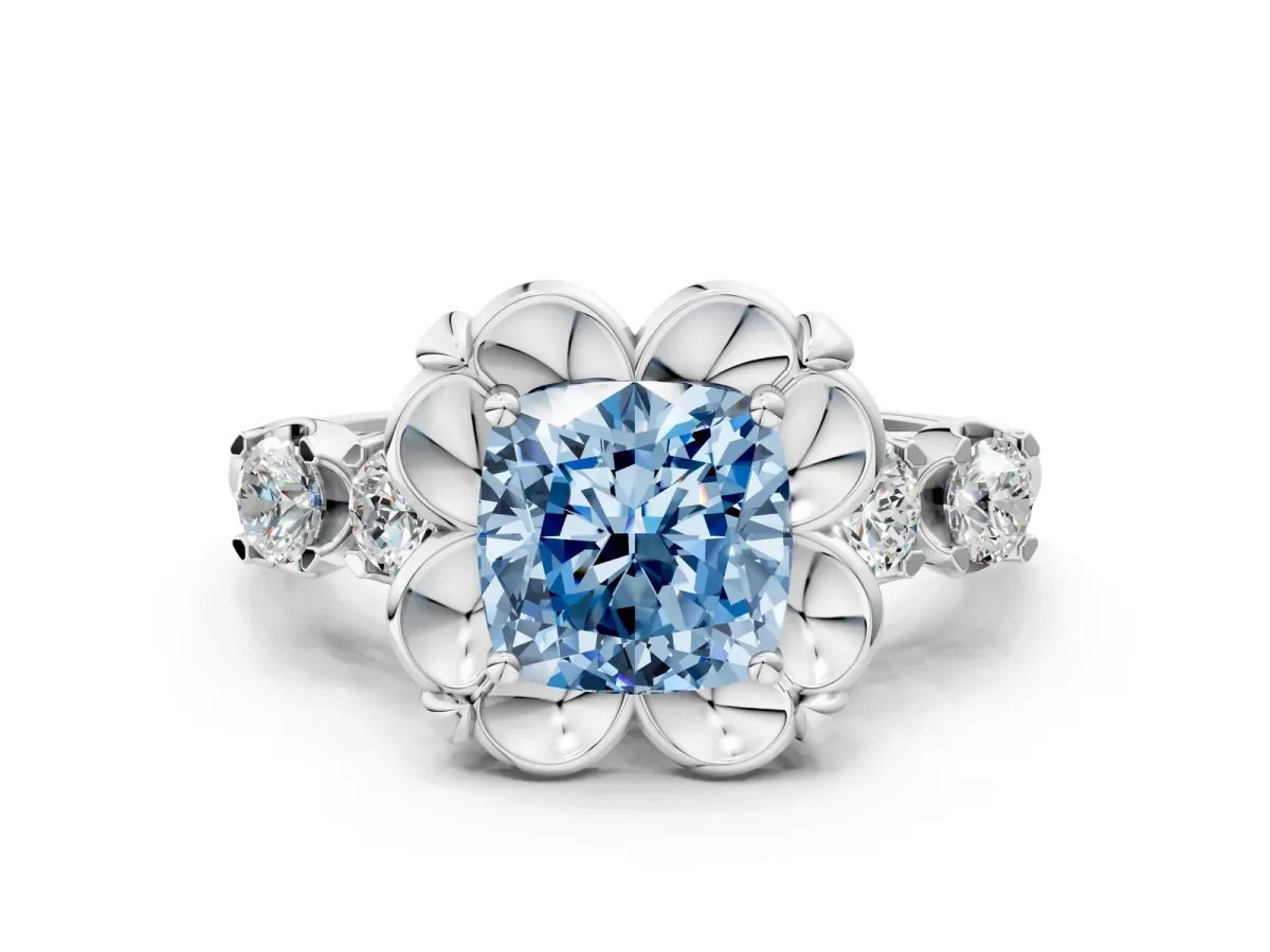 Fancy Blue Cushion Cut Cut Diamond Floral Halo Engagement Ring with Shared Prong Setting Silver
