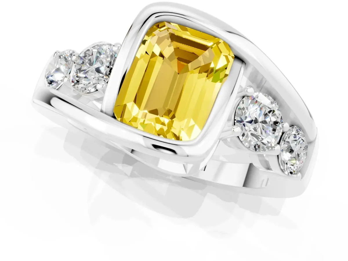 Bezel Set Emerald Cut Yellow Sapphire Bypass Ring with Round Accents Platinum