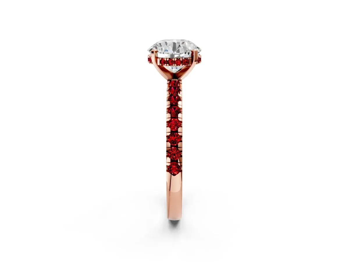 Round Cut Diamond Solitaire Ring with Round Ruby Pavé Band and Four-Prong Setting Rose gold