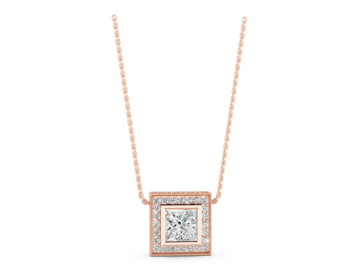 Princess Cut Halo Bezel Pendant Rose gold