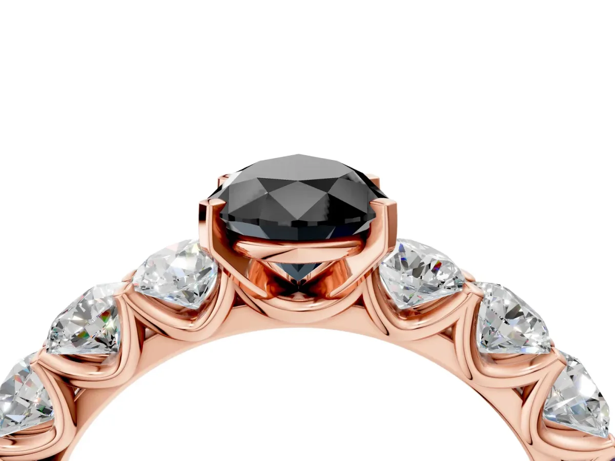 Fancy Black Pear Cut Diamond Prong Setting with Side Stones on a Pave Band Rose gold