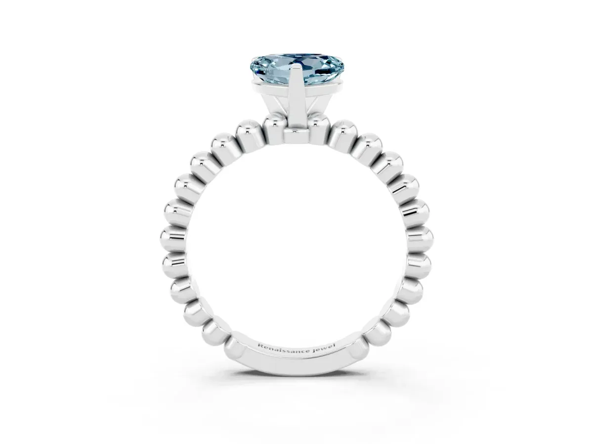 Heart Cut Aquamarine Solitaire Ring with Beaded Band and Prong Setting Silver