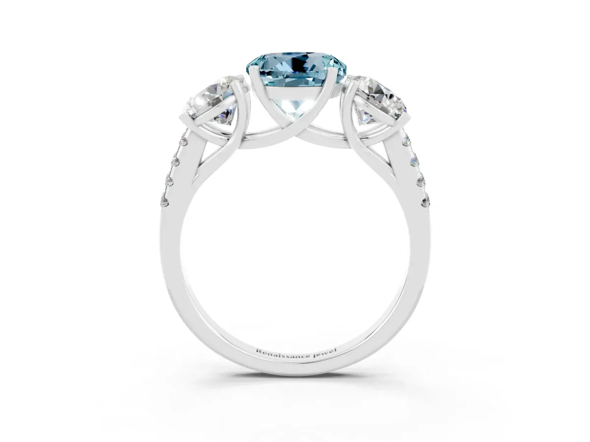 Three-Stone Round Cut Aquamarine Ring with Round Pavé Band and Prong Setting Silver