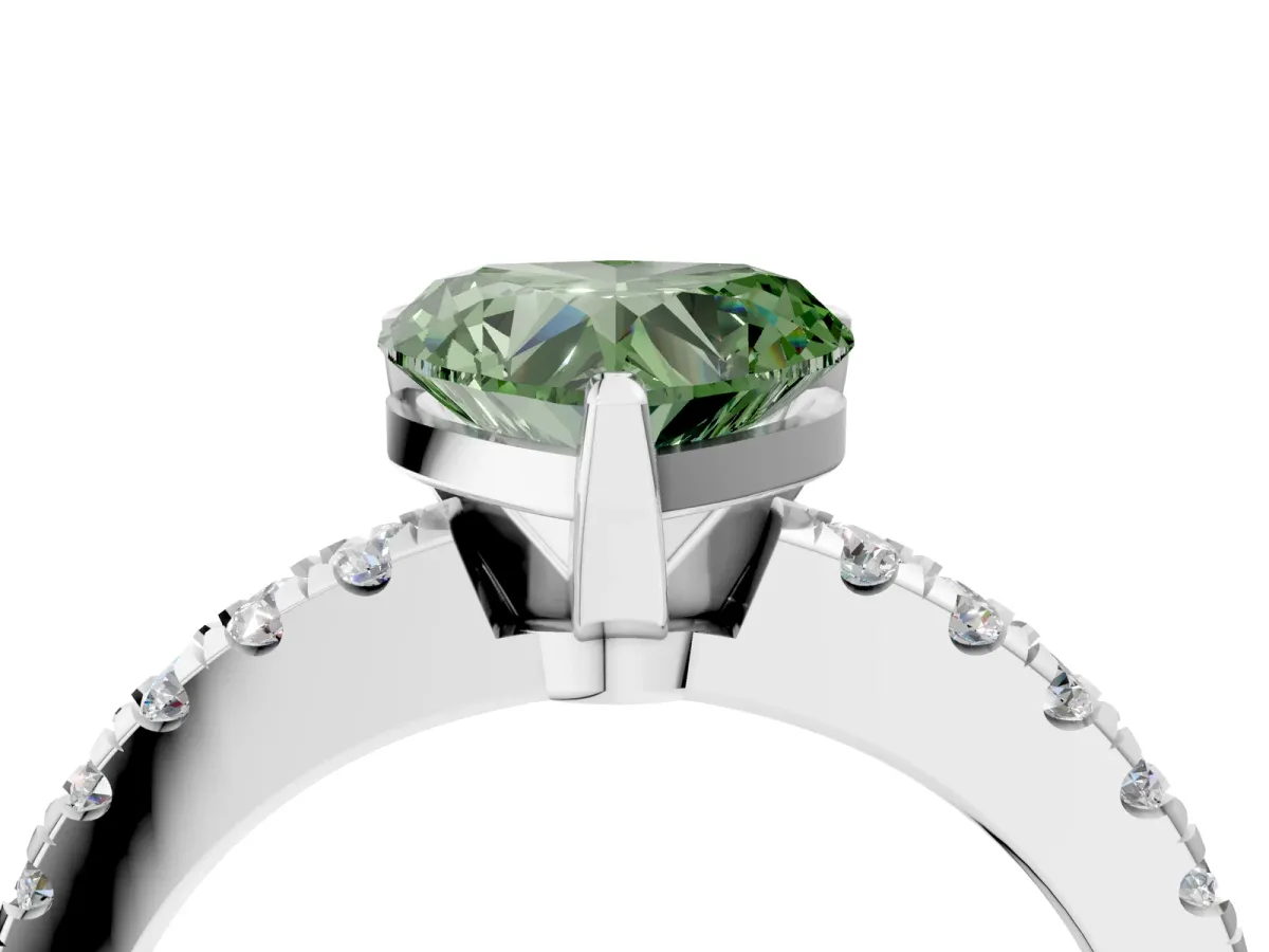 Fancy Green Heart Cut Solitaire Diamond with Pavé Band and Four-Prong Setting Silver