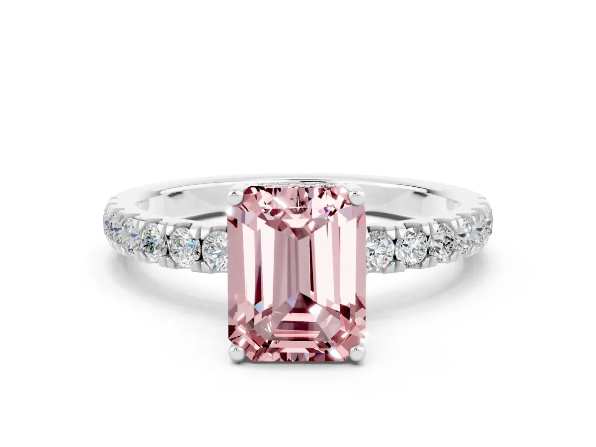 Emerald Cut Morganite Pave Band Solitaire Ring with Round and Prong Setting Silver