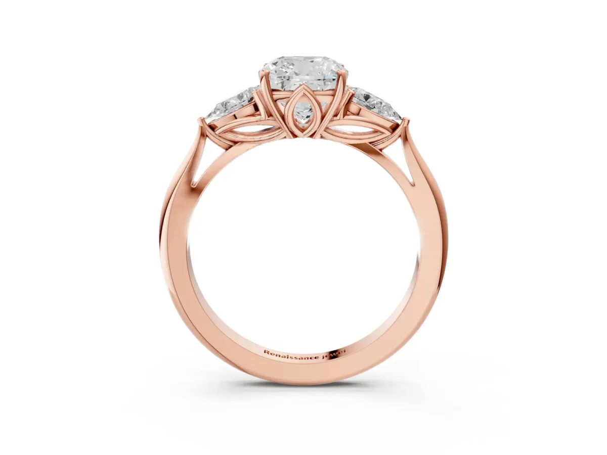 Cushion Cut Diamond Three-Stone Ring with Pear Side Stones and Prong Setting Rose gold