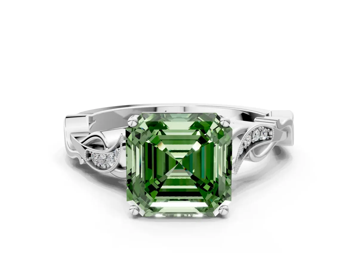 Fancy Green Asscher Cut Solitaire Vine Band with Milgrain Prong Setting Platinum