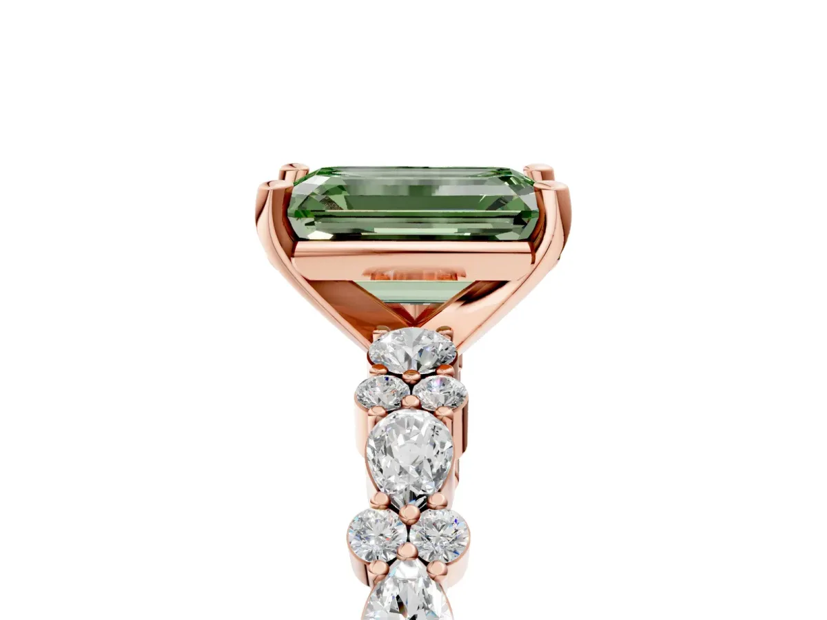 Fancy Green Emerald Cut Diamond Side Stone Solitaire Ring with Round and Four-Prong Setting Rose gold