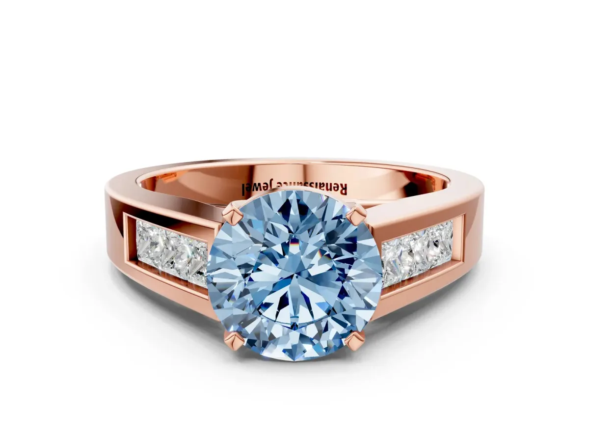 Fancy Blue Round Cut Cut Channel Set Solitaire Ring with Four-Prong Setting Rose gold