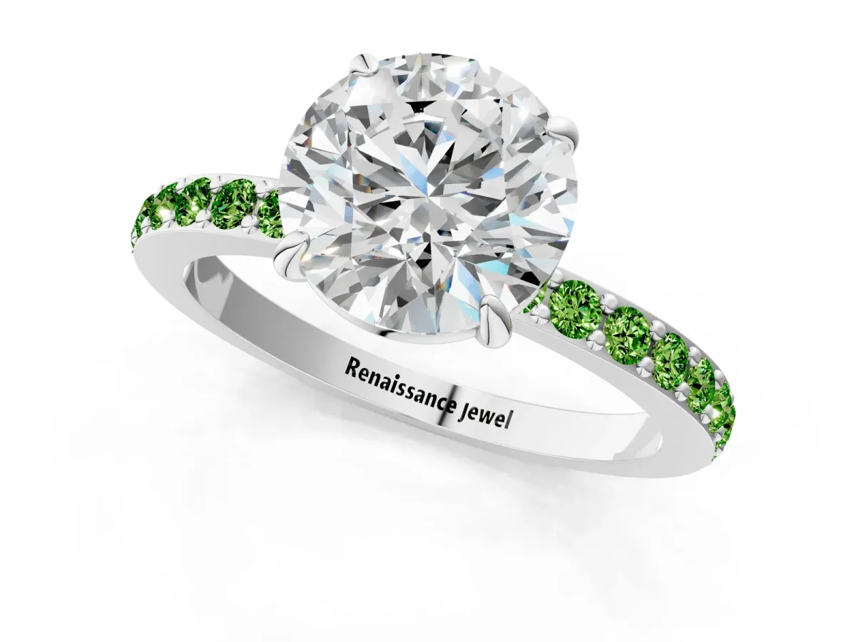 Round Cut Diamond Pavé Engagement Ring with Round Peridot Accents and Prong Setting Silver