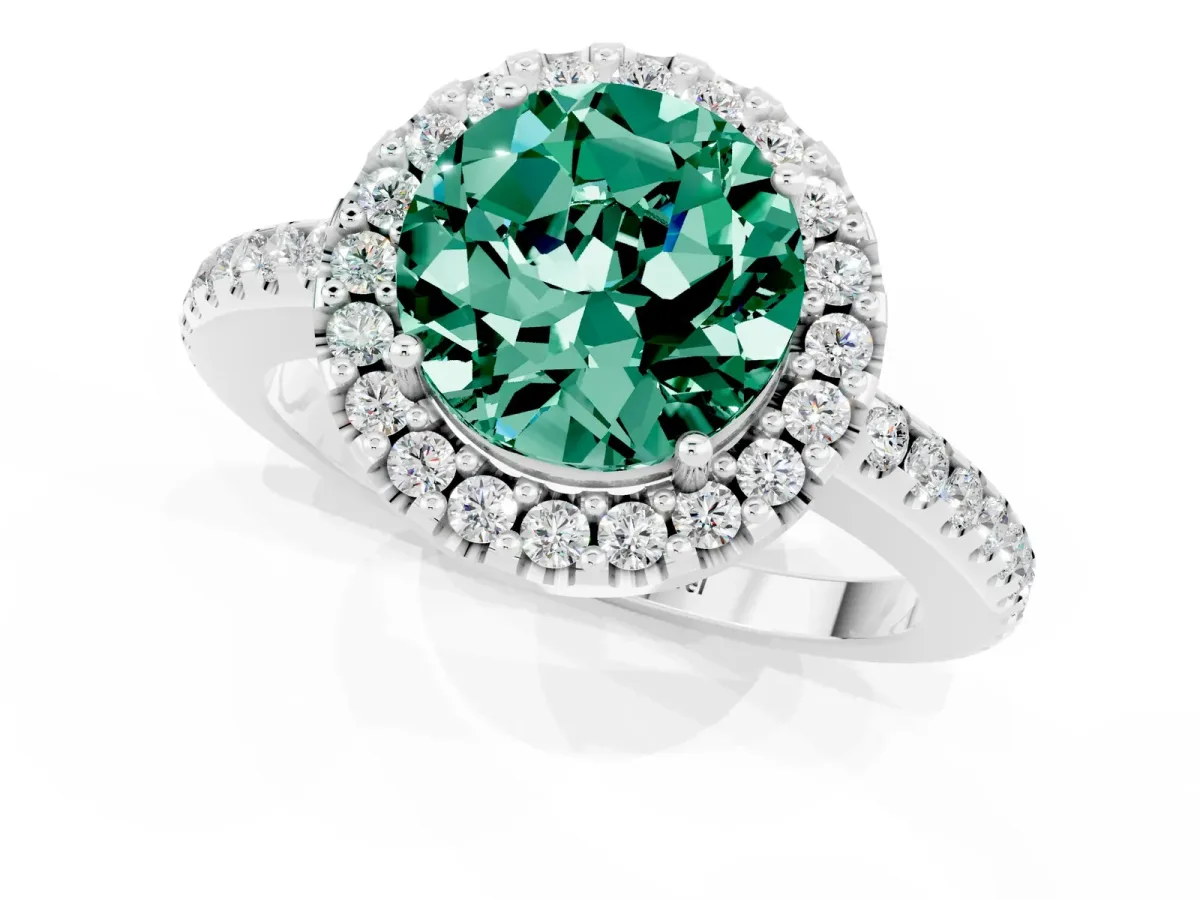 Round Cut Green Sapphire Pavé Halo Ring with Four-Prong Setting Platinum