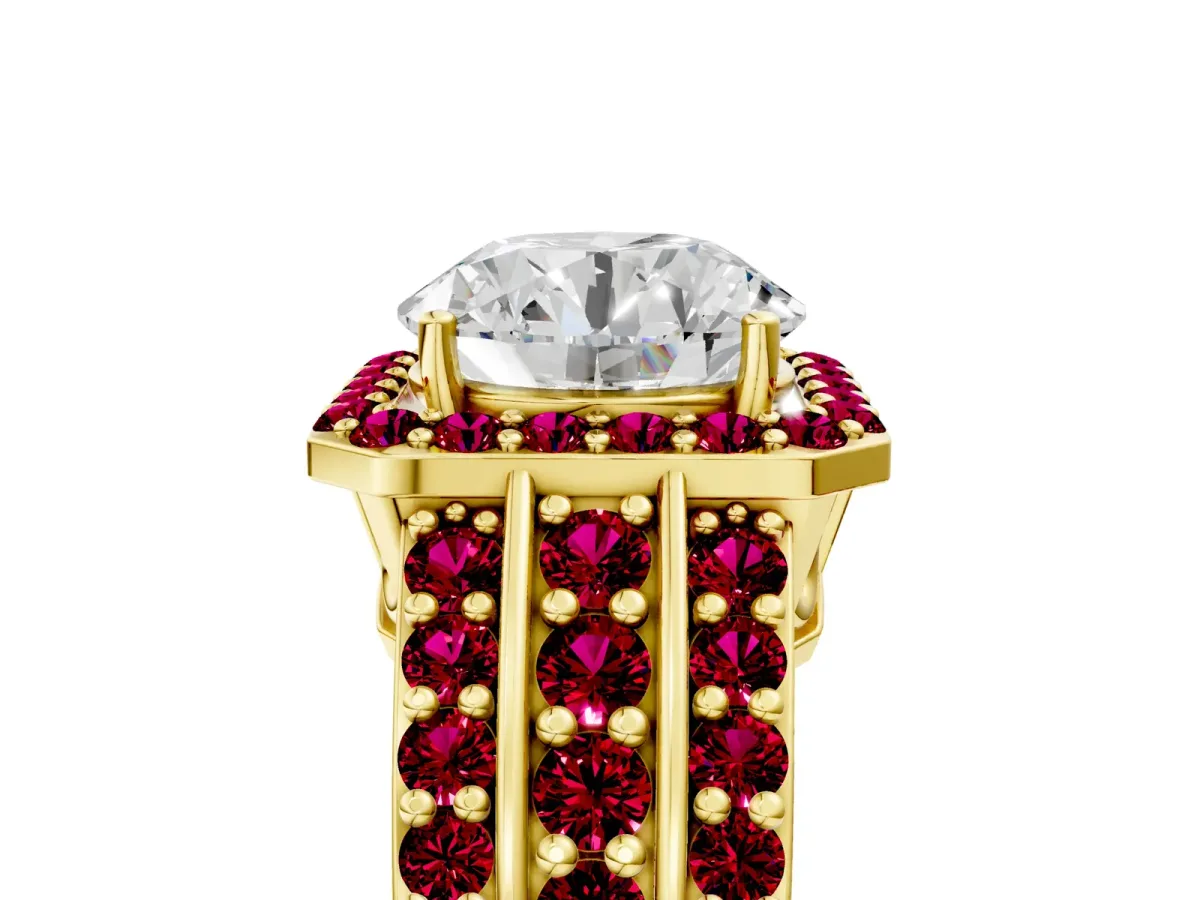 Round Cut Halo Diamond Ring with Round Garnet Split Shank and Prong Setting Yellow gold