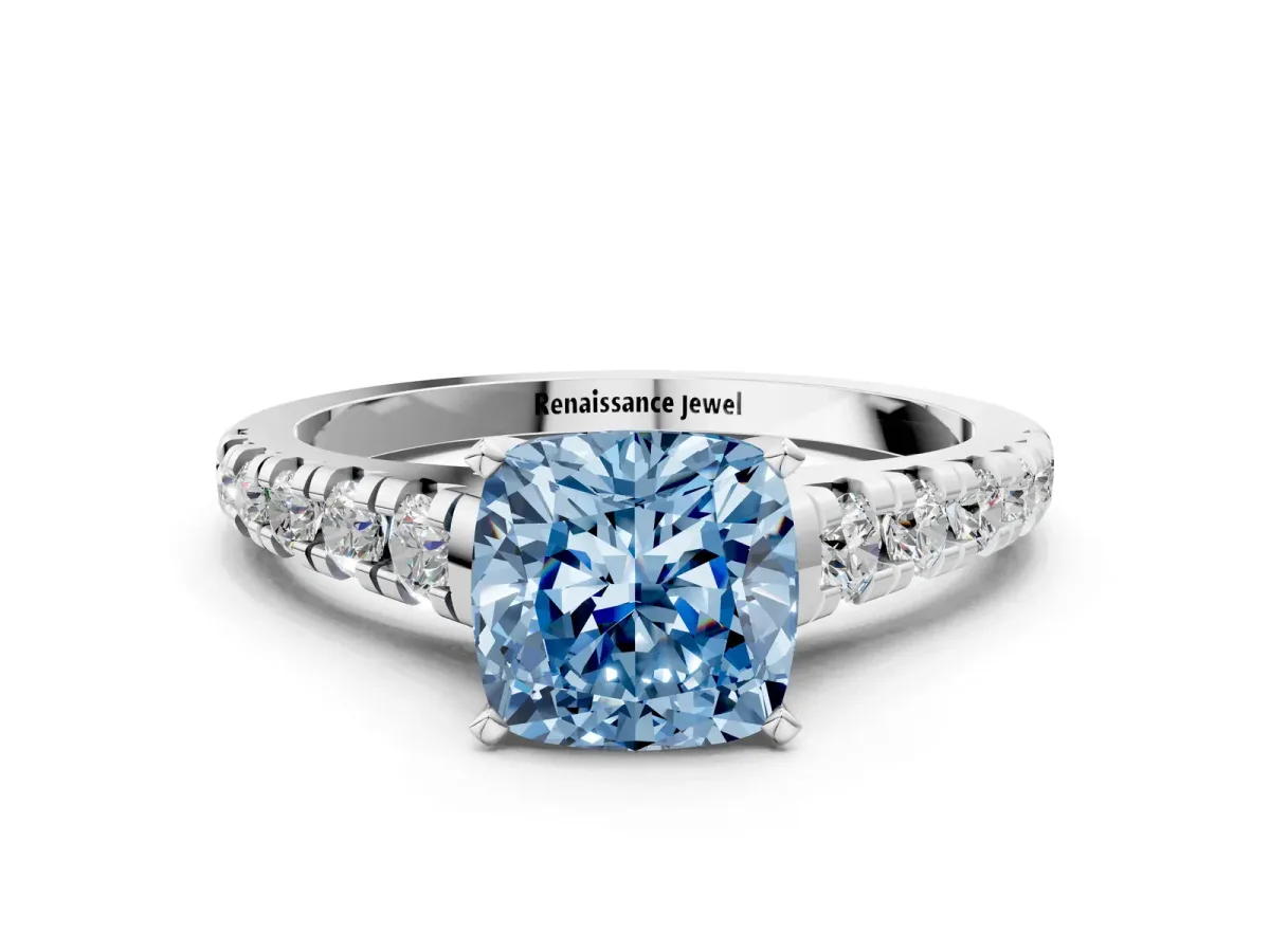Fancy Blue Cushion Cut Diamond Cathedral Solitaire Ring with Round Pavé Band Silver