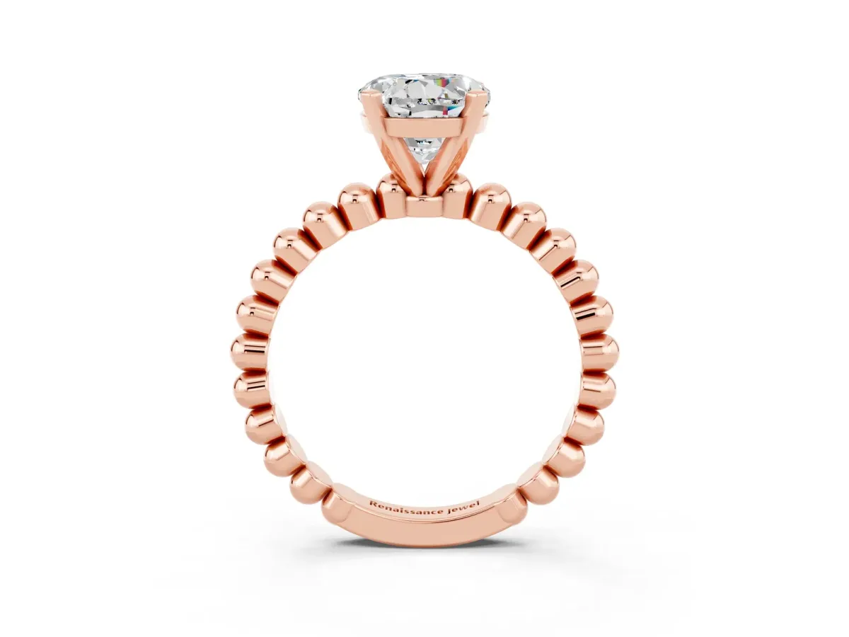 Round Cut Moissanite Solitaire Ring with Beaded Band and Prong Setting Rose gold