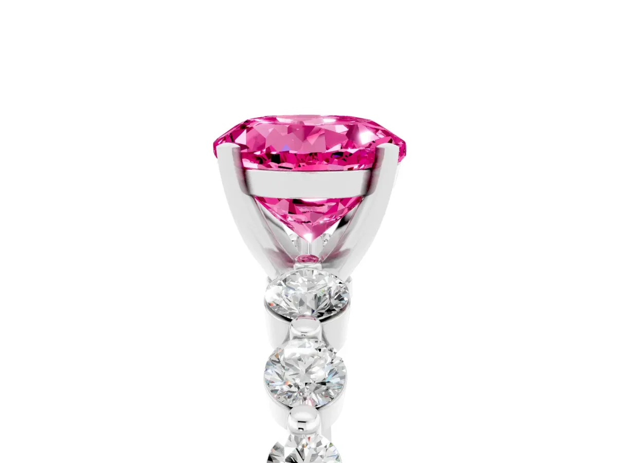 Round Cut Solitaire Pink Sapphire Ring with Pave Band and Four-Prong Setting Silver