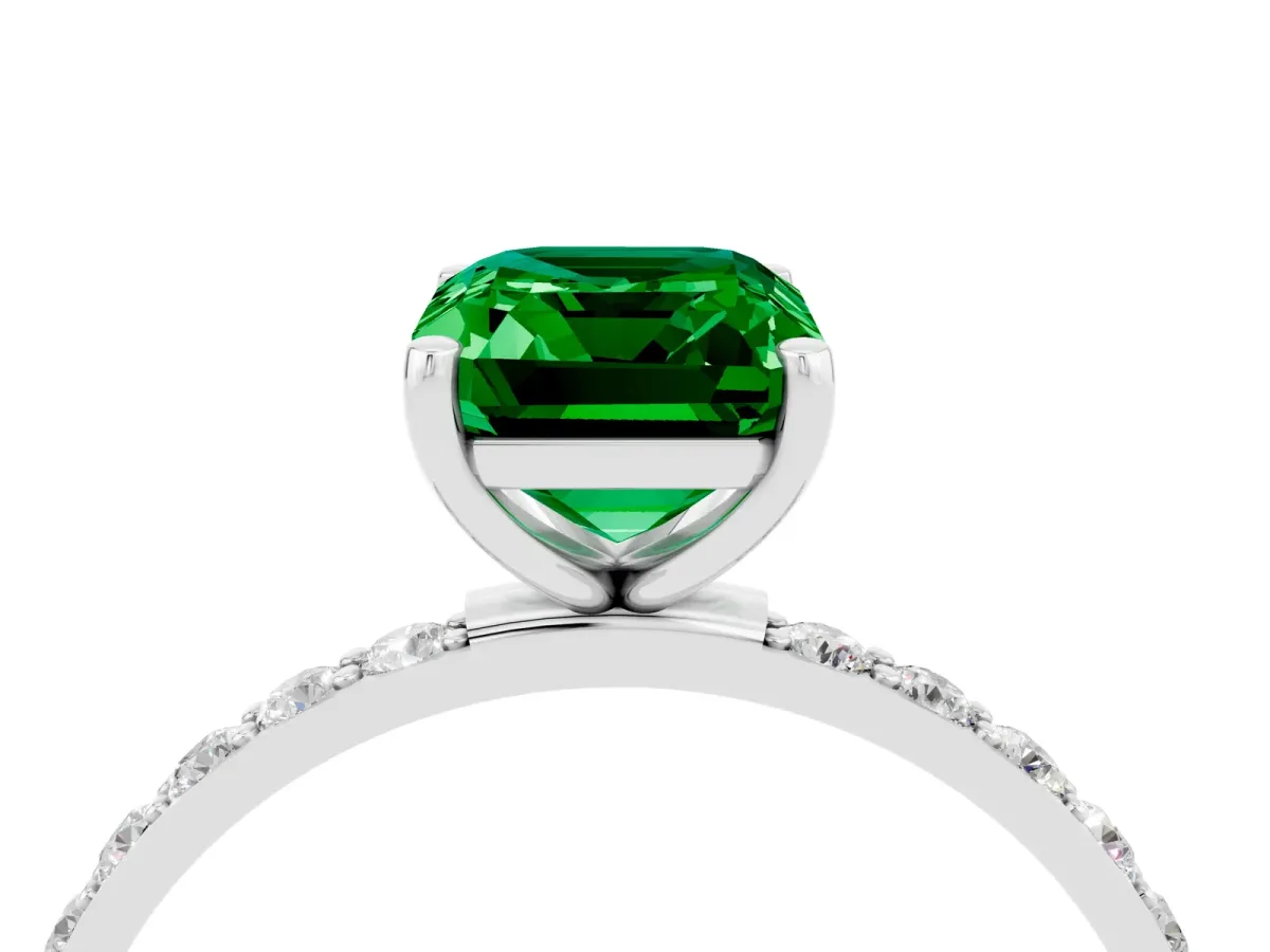 Emerald Cut Emerald Solitaire Ring with Round Pavé Band and Prong Setting Platinum